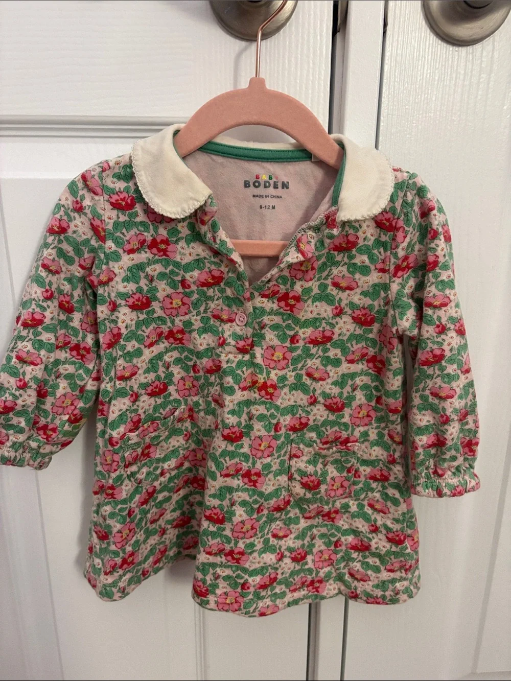 Baby Boden Pink and Green Floral Cotton Dress with Cream Peter Pan Collar